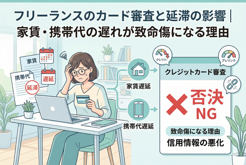 フリーランスの女性が、家賃や携帯代の「延滞」と記された書類を前に頭を抱えているイラスト。家賃や携帯代の支払いの遅れが、クレジットカード審査の「否決(NG)」に直結することを、赤いバツ印と図解で表現しています。